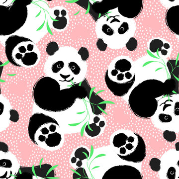 seamless vector background with panda and eucalyptus, pattern for printing on fabric or paper, cute panda chews a green branch, peas on a pink background