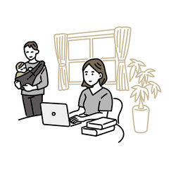 リモートワークをする女性　育児をする男性