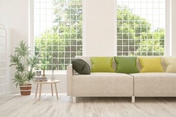 White living room with sofa and summer landscape in window. Scandinavian interior design. 3D illustration