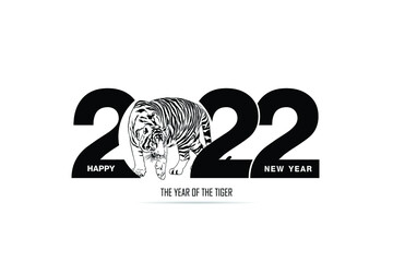 Happy new year 2022 year of tiger drawing tiger black and white lines lying on numbers 2022 for poster, brochure, banner, invitation card, vector illustration Isolated on white background.