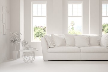 Mock up of stylish room in white color with sofa and green landscape in window. Scandinavian interior design. 3D illustration