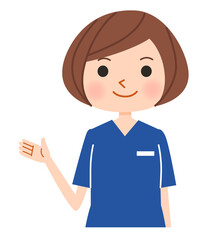 説明をする笑顔の看護師、スクラブを着た女性のベクターイラスト