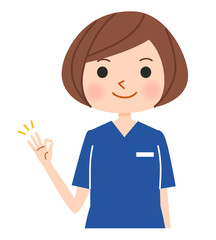 OKサインをする笑顔の看護師、スクラブを着た女性のベクターイラスト