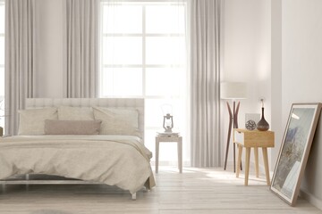 Soft color bedroom interior. Scandinavian design. 3D illustration
