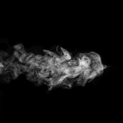 Horizontal curly white steam, fog or smoke isolated with transparent special effect on black background