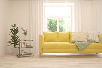 Fototapeta premium White living room with sofa and summer landscape in window. Scandinavian interior design. 3D illustration