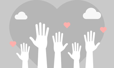 Obraz premium Volunteers and charity work. Social care raised helping hands. Illustration with a crowd of people ready and available to help and contribute. Positive foundation, business, service.