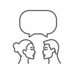 Man and woman chatting with speech bubble. Vector thin line icon of a conversation between 2 persons. Networking, debating, feedback and relationship. People communicating