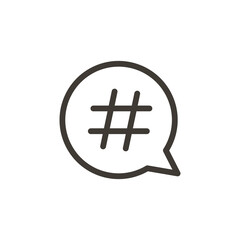 Hashtag in a speech bubble Icon. Vector thin line illustration for concepts of social media, digital content and topic identification, followers, tagging, blogging
