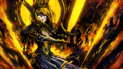 A young princess stands ready for battle with a magical fire sword in her hands, behind her a golden sun and a burning kingdom that she protects, drawn in anime style. 2d illustration