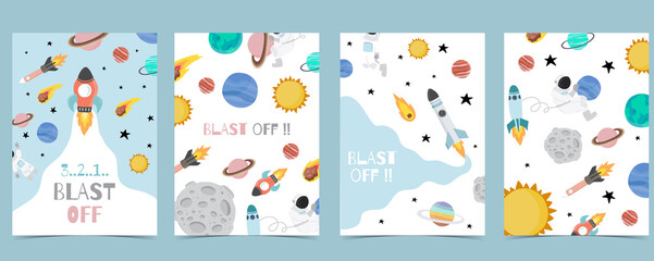 Collection of space background set with astronaut, sun, moon, star,rocket.Editable vector illustration for website, invitation,postcard and sticker.Include wording blast off © piixypeach