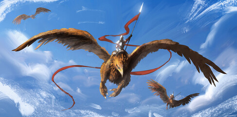 A knight in shining iron armor flies on a huge griffin, holding a spear with a red long log, against the background of a blue sky with clouds, his comrades fly. 2d illustration © warmtail