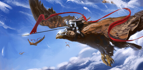 Fototapeta premium A knight in shining iron armor flies on a huge eagle, holding a spear with a red long log, against the background of a blue sky with clouds, his comrades fly. 2d illustration
