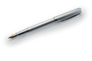 silver fountain pen on white background.