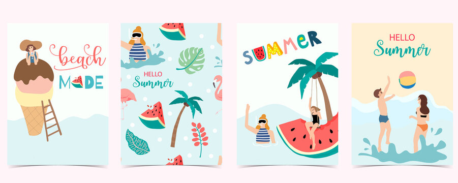 Collection of summer background set with people,watermelon,beach,coconut tree.Editable vector illustration for invitation,postcard and website banner.Hello summer