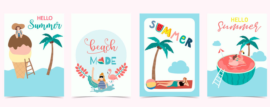 Collection of summer background set with people,watermelon,beach,coconut tree.Editable vector illustration for invitation,postcard and website banner.Hello summer