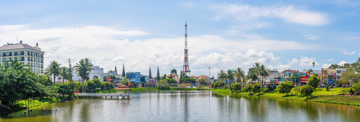 view of small Dong Nai lake - a central lake in Bao Loc city, Lam Dong province, Vietnam. It is a nice beside big TV tower.