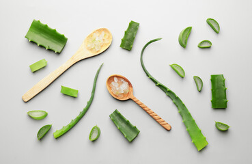 Composition with fresh cut aloe on light background
