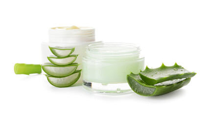 Jars with natural cream and aloe pieces on white background