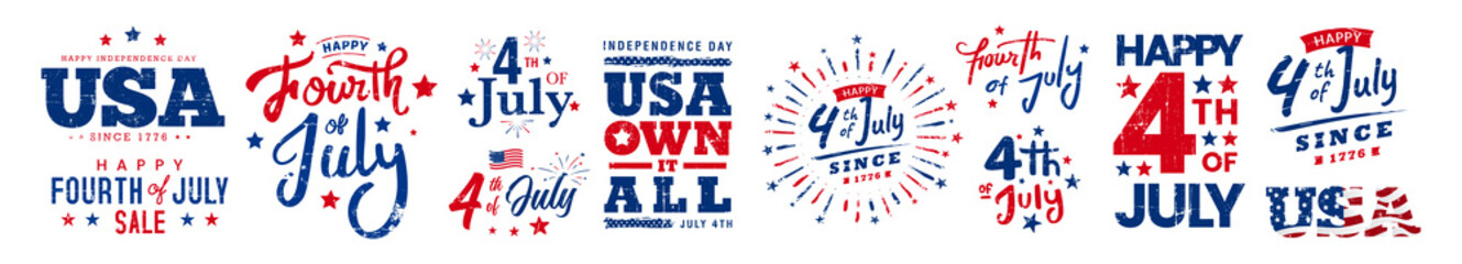 Collection of USA, 4th of July grunge, vintage monogram with artistic lettering and design elements. Vector illustration.