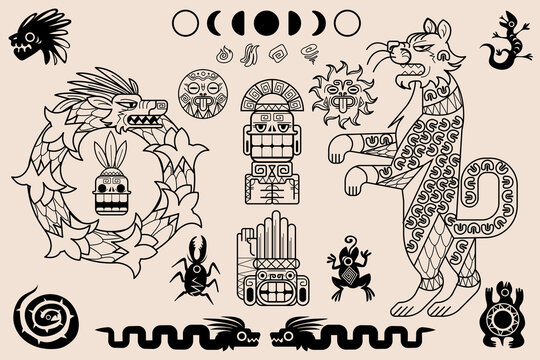 Aztec and mayan ornaments, ancient mexican tribal patterns. Ethnic native art. Vector set of traditional mexican indian geometric illustrations with animals and totems