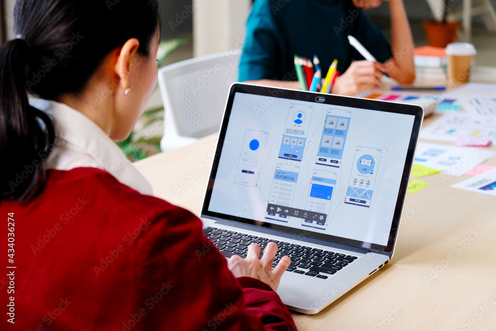Wall mural website designer, creative planning phone app development template layout framework wireframe design