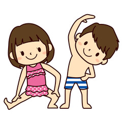 準備運動する水着の子ども（男の子・女の子）