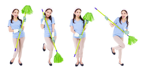 Group of Asian woman wearing green rubber gloves for hands protection during cleaning isolated over white background.