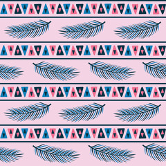 Colorful exotic seamless pattern with palm leaves and tribal ornament