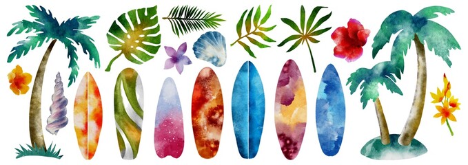 Hand drawing watercolor illustration set of surfboards, palms and leaves. Summer vacation set. Using for poster, advertising, invitation, party, print, brochure, flyer, celebration, tropical wedding