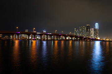 Fototapeta premium Beautiful Miami Florida skyline with lights and bay at sunset.