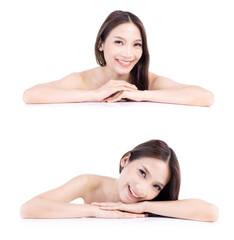 Beautiful asian Woman with Fresh Skin. Face care . Facial treatment on white background