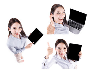 Young asian beautiful businesswoman smiling with laptop computer and looking to camera Top view shot, isolated on white background.