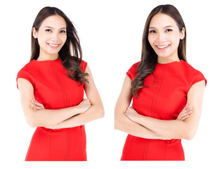 Portrait beautiful woman in a red dress Showing a happy expression On a white background