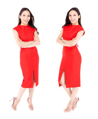 Portrait beautiful woman in a red dress Showing a happy expression On a white background