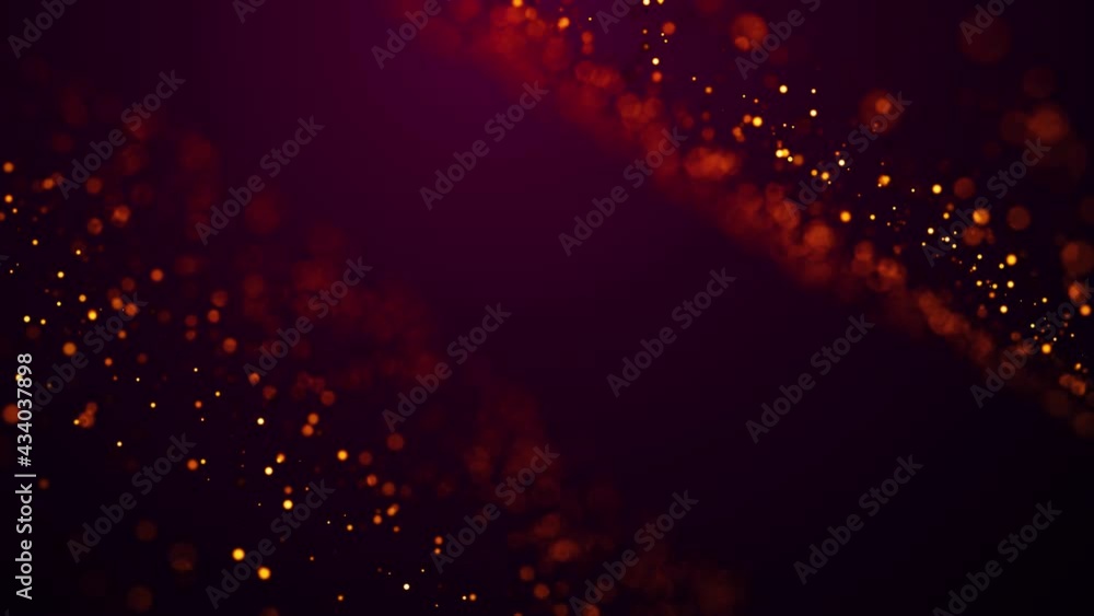 Poster golden red glow particles flicker and float in viscous liquid with amazing bokeh. fantastic backgrou