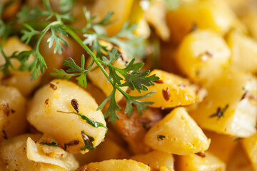 Macro Close-up of Indian vegetarian classic dish Jeera Aloo - Potatoes Flavored with Cumin garnished with green coriander fresh leaves. 