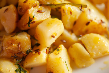 Macro Close-up of Indian vegetarian classic dish Jeera Aloo - Potatoes Flavored with Cumin garnished with green coriander fresh leaves. 
