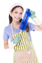 Portrait of young Asian woman wearing green rubber gloves for hands protection during cleaning isolated over white background.