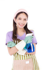 Portrait of young Asian woman wearing green rubber gloves for hands protection during cleaning isolated over white background.