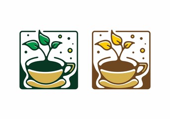 Green and brown color of coffee and plant line art illustration