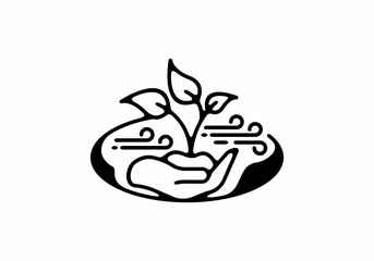 plant on hand line art illustration in oval shape