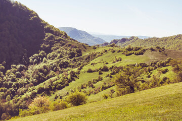 Beautiful Summer Mountain Landscape with Green Meadows and Hills  .Babintsi Village in Teteven,Bulgaria 