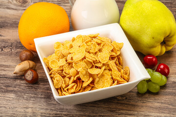 Breakfast with corn flakes and milk