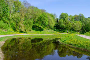 river in the city park and roads