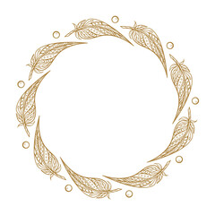 Vector round boho style frame. Feathers and beads card template.