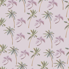 Simple seamless pattern with colored palm trees. Hand drawn sketch of  floral objects in colored pencil technique. Light lilac background.