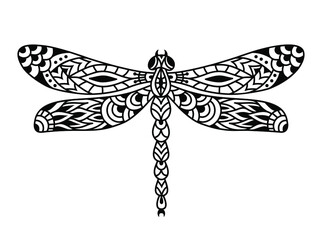 Dragonfly mandala. Vector silhouette illustration. Monochrome zentangle dragonfly sign. Linear art print. Vintage insect.
