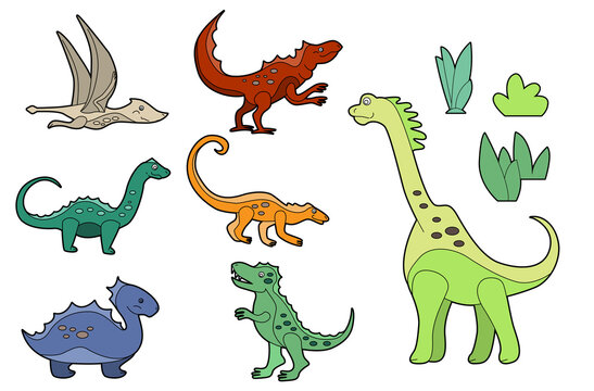 Set with funny cute dinos isolated on white background. Linear, contour,  colored version of animals. Illustration can be used as pictures for children