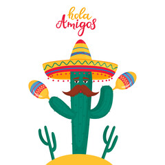 Funny cactus in sombrero plays maracas. Local mexican traditional music festival. © LiluArt